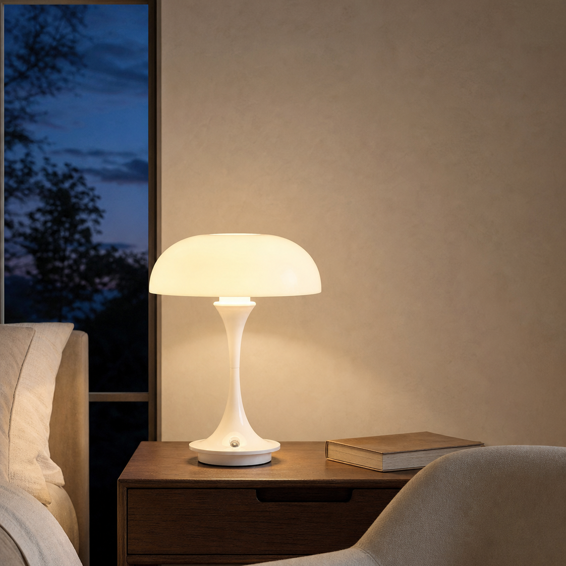 A modern white table lamp with a mushroom-shaped shade and curved pedestal base, glowing warm white on a wooden nightstand in a bedroom setting.