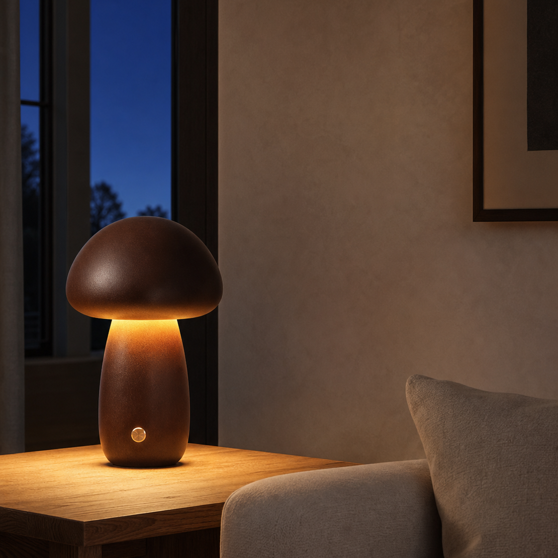 A mushroom-shaped table lamp with a dark brown finish glows warmly on a wooden side table in a cozy living room setting.