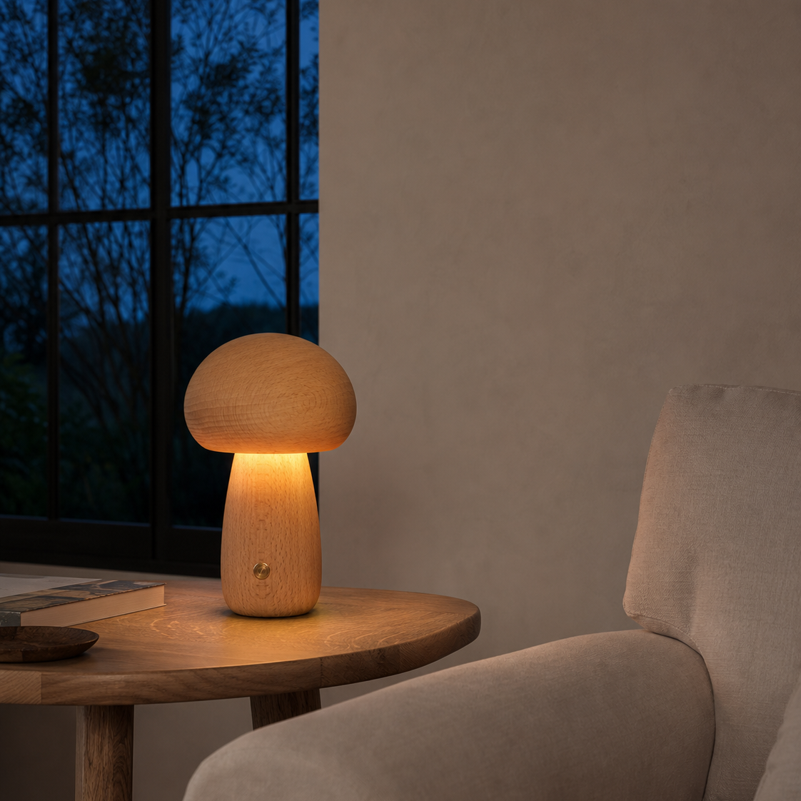 A mushroom-shaped wooden table lamp glowing with warm light on a round wooden side table next to a beige armchair, with a dark window in the background.