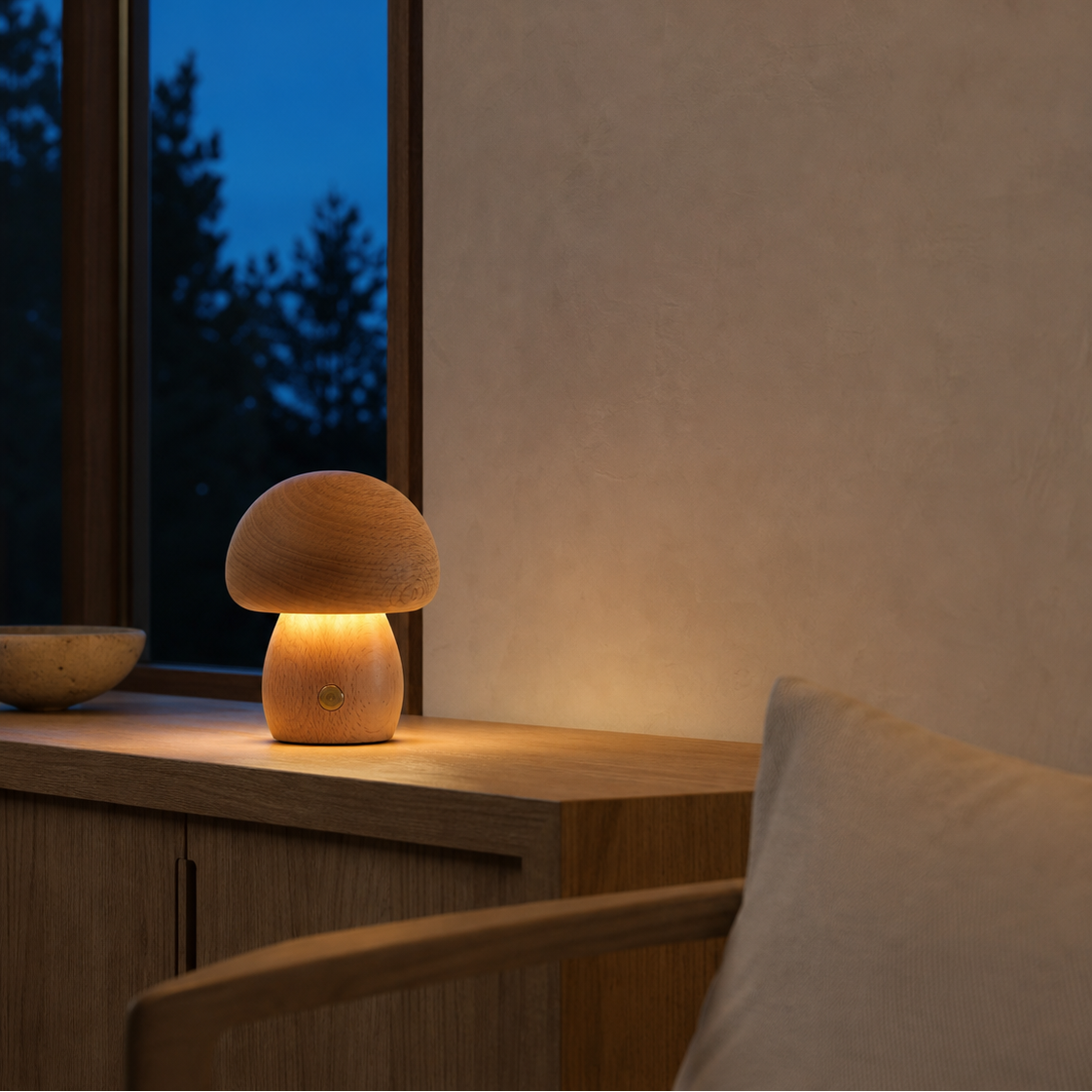 A mushroom-shaped table lamp with a warm glowing light, placed on a wooden side table in a modern, minimalist room at dusk.