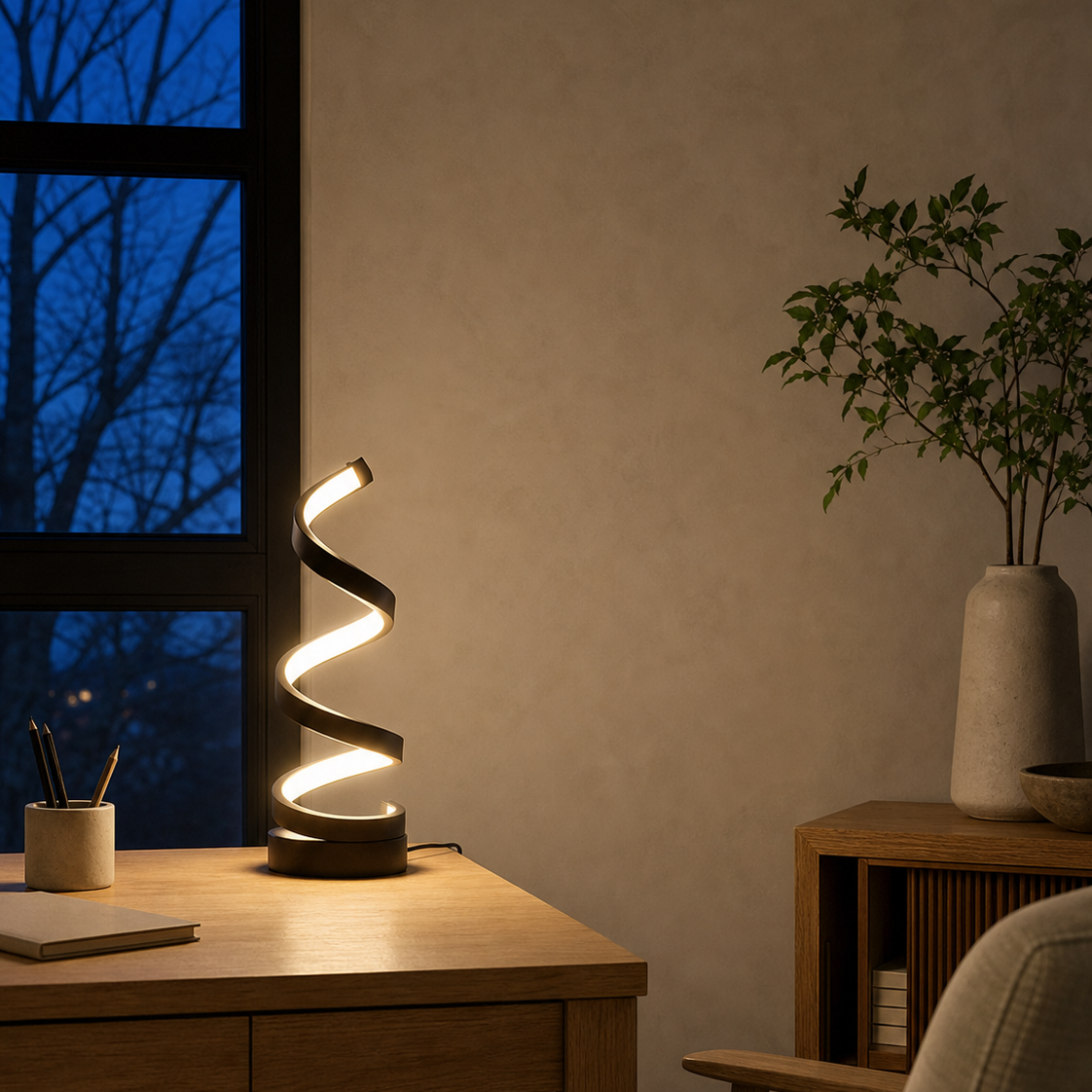 A modern spiral-shaped LED table lamp with a black base sits on a wooden desk in a warmly lit home office setting next to a window at dusk.