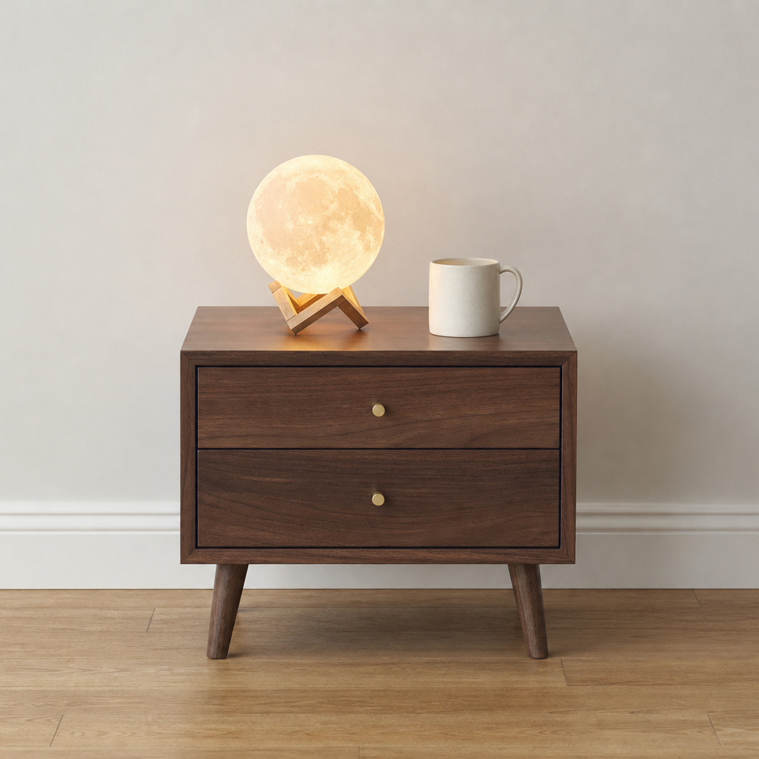 A mid-century modern wooden nightstand with two drawers and tapered legs, styled with a glowing moon lamp and a white ceramic mug against a neutral wall and light wood floor.