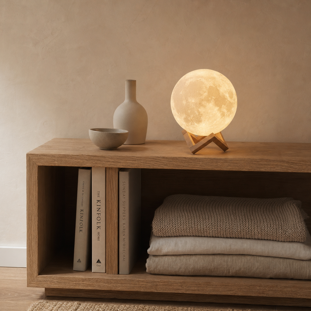 Sphere moon lamp on top of a table top.