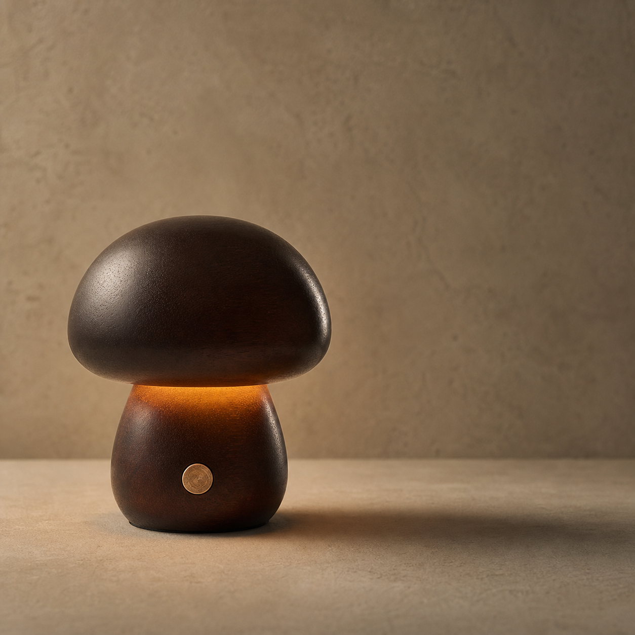 A mushroom-shaped table lamp with a dark brown textured ceramic body, glowing with a warm amber light from within, set against a neutral textured beige background.