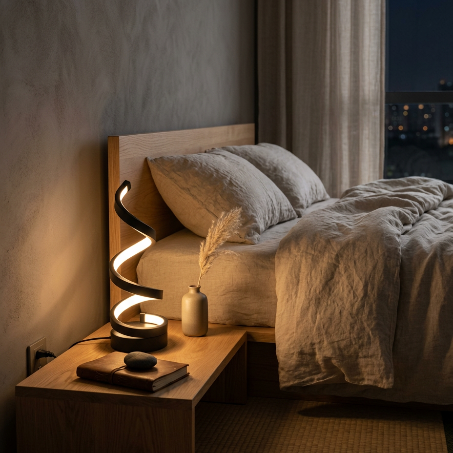 Helix spiral lamp on a bedside table at night