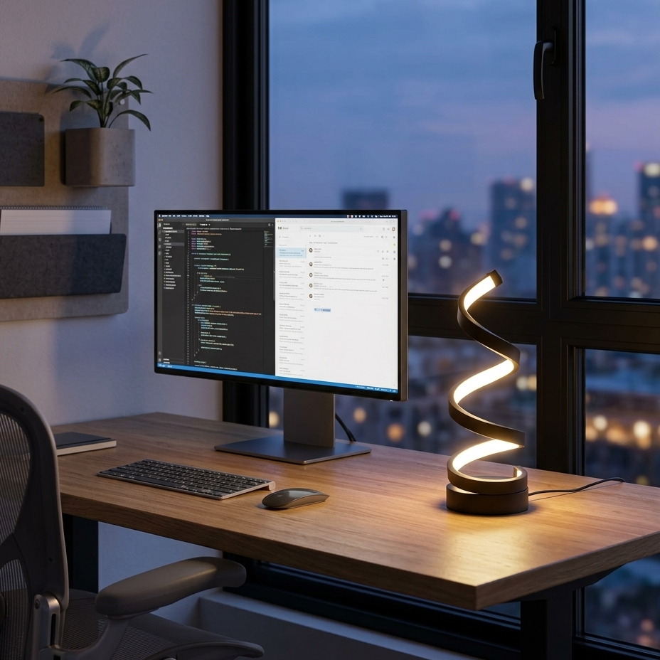Helix spiral lamp lit on a minimal oak desk at dusk