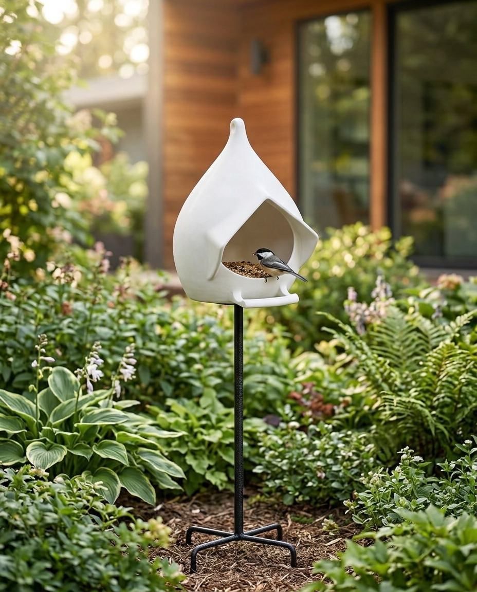 Alto standing bird feeder in a leafy garden with a songbird