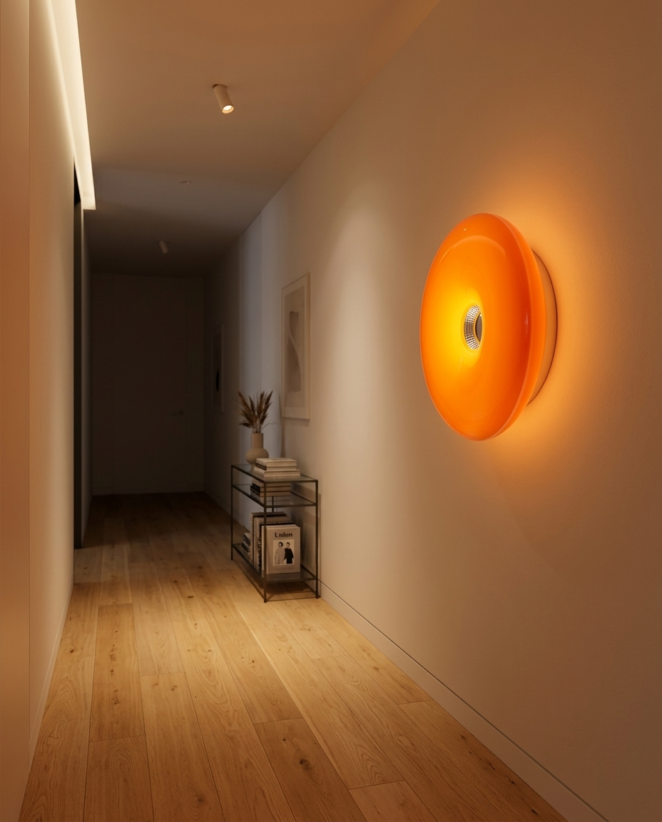Anello ring lamp mounted on a hallway wall, lit