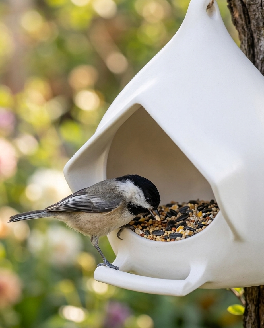 Alto feeder tray close-up with chickadee feeding