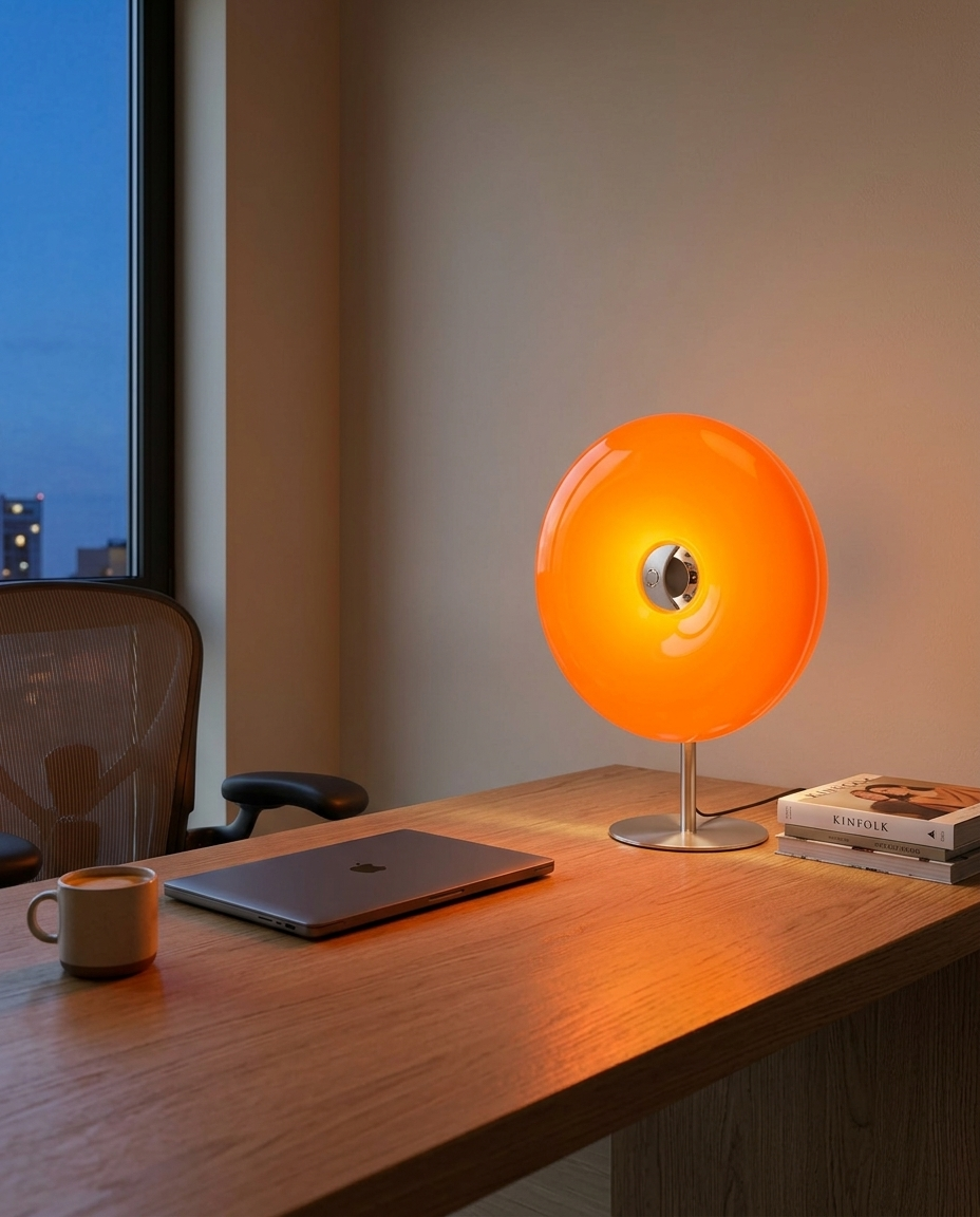 Anello ring lamp standing on a minimal oak desk
