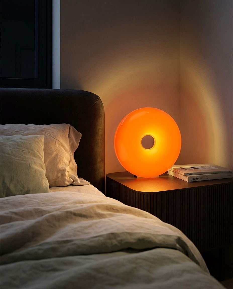 Anello ring lamp on a bedside table at night