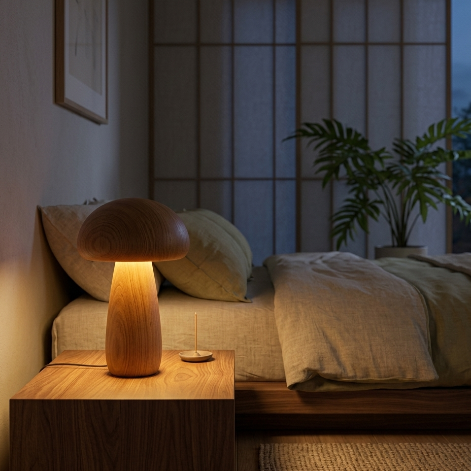 Bosco wood mushroom lamp lit on a walnut nightstand