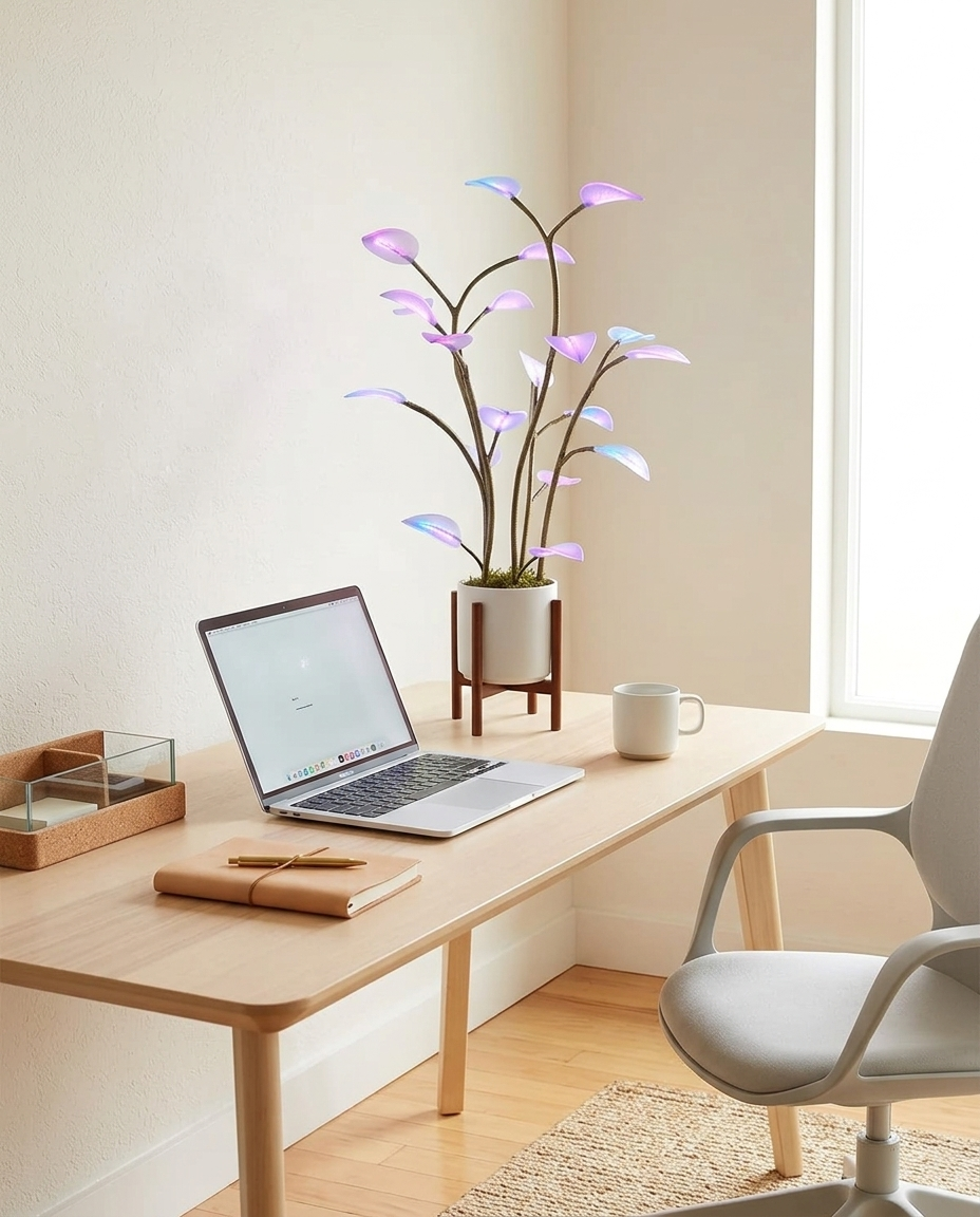 Flora plant lamp on a bright home office desk
