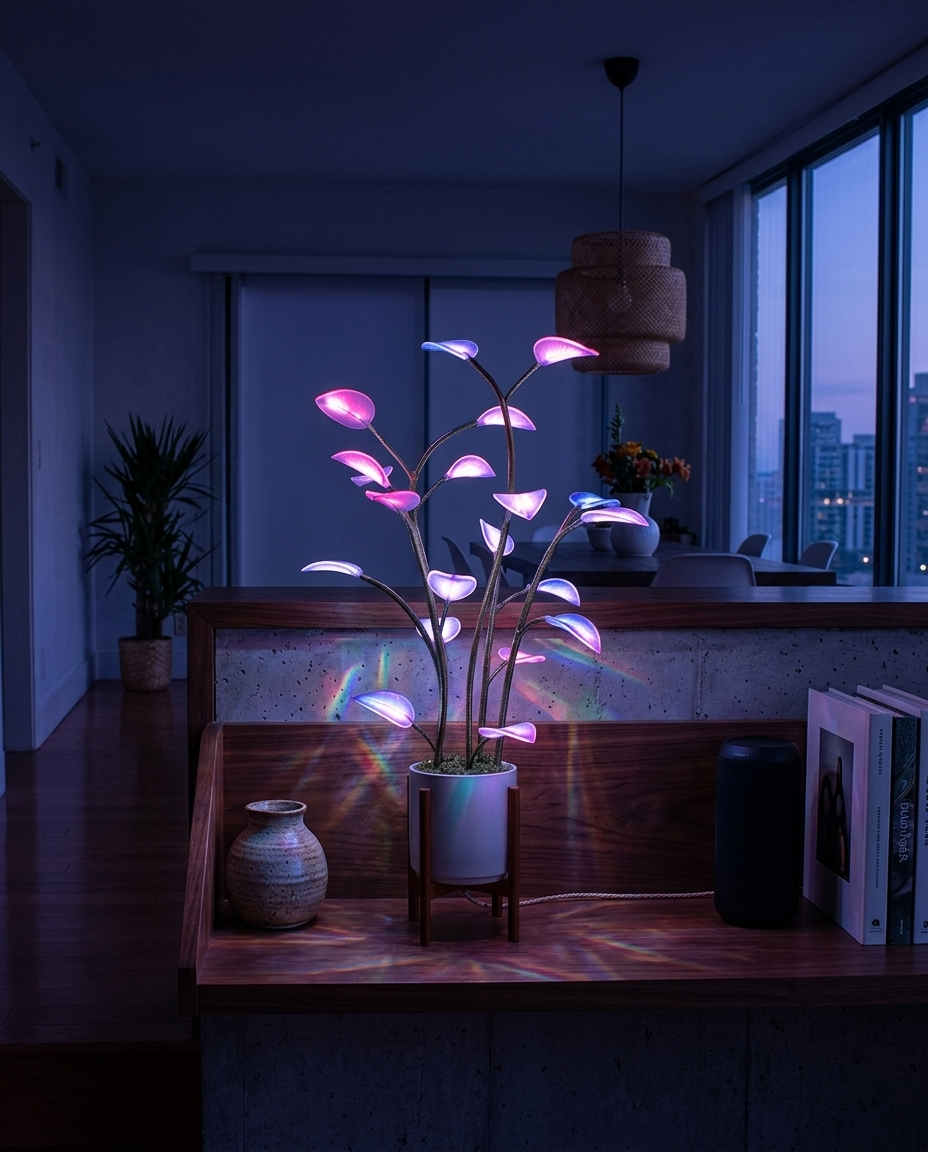 Flora plant lamp glowing on a walnut shelf at dusk