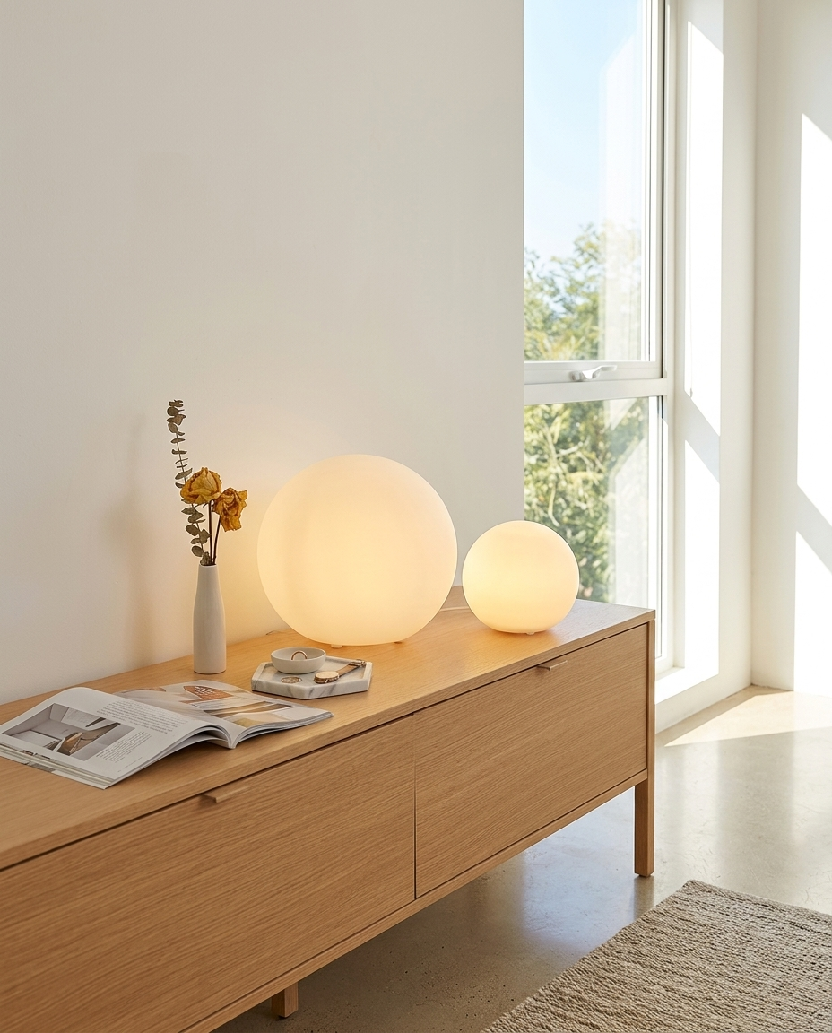 Sfera ball lamps in two sizes on a console table