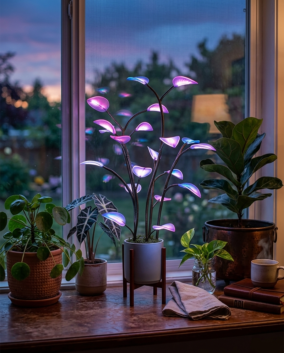 Flora plant lamp on a windowsill among potted plants