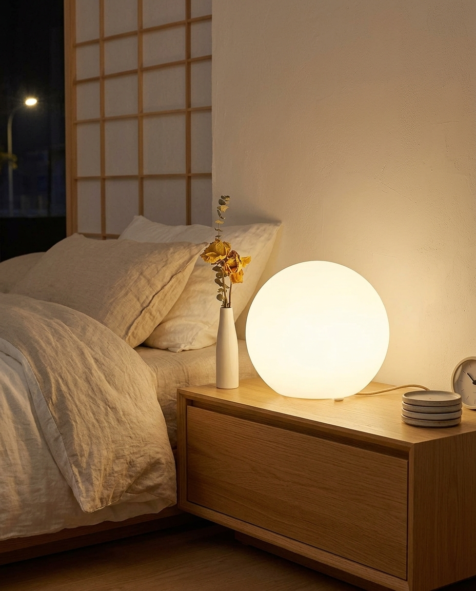 Sfera ball lamp glowing on a nightstand