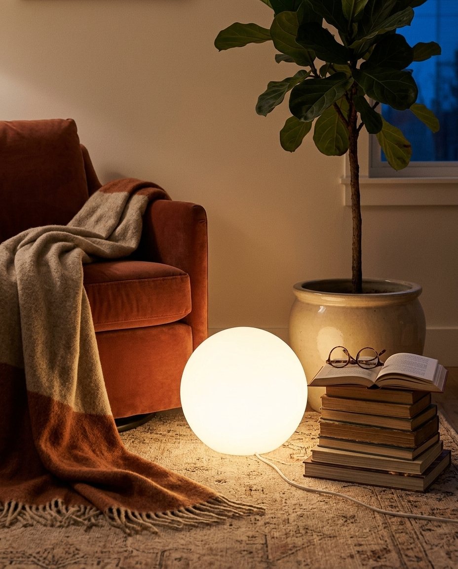 Sfera ball lamp in a reading corner with books