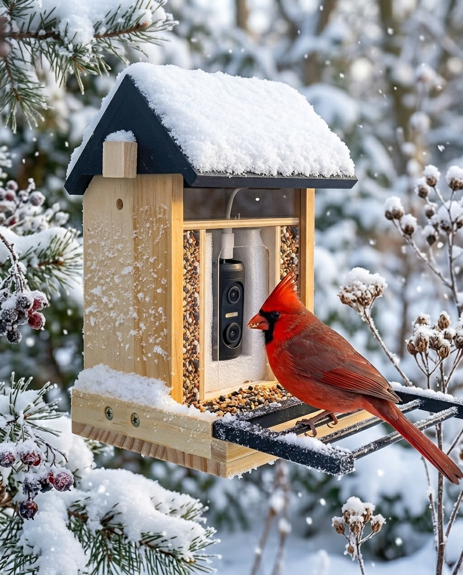 Vireo feeder in a snowy winter garden with a cardinal