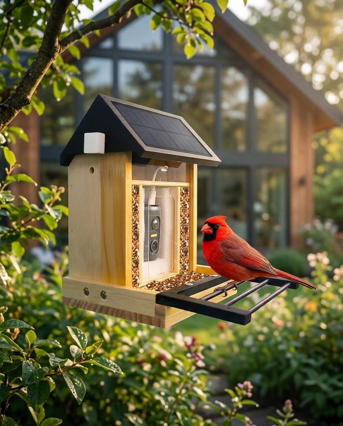 Vireo camera bird feeder in a leafy garden with a cardinal feeding