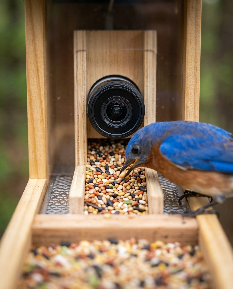 Vireo feeder camera close-up with a bluebird feeding