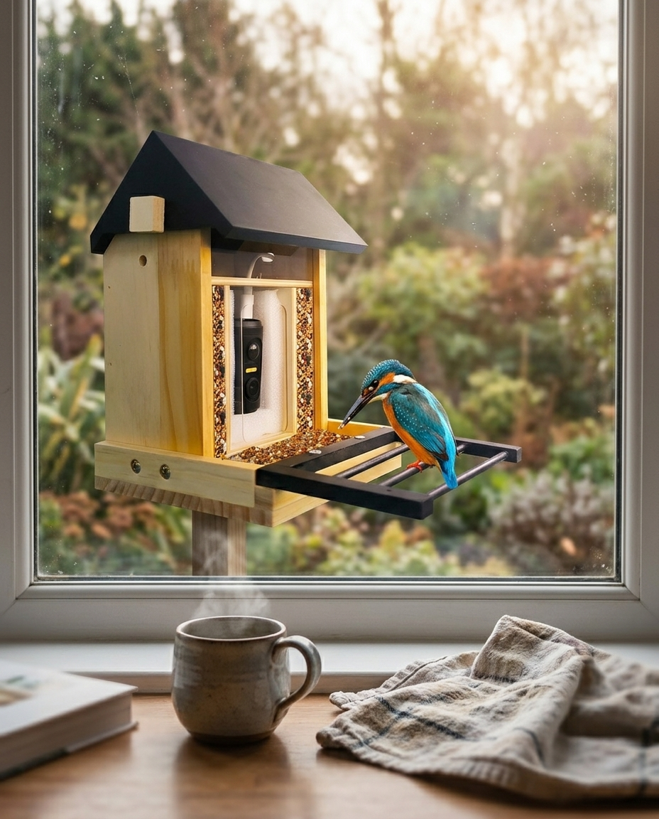 Vireo feeder seen from a warm kitchen window