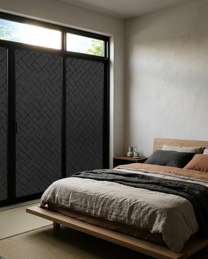 Buio blackout film on a bedroom window, room restfully dark