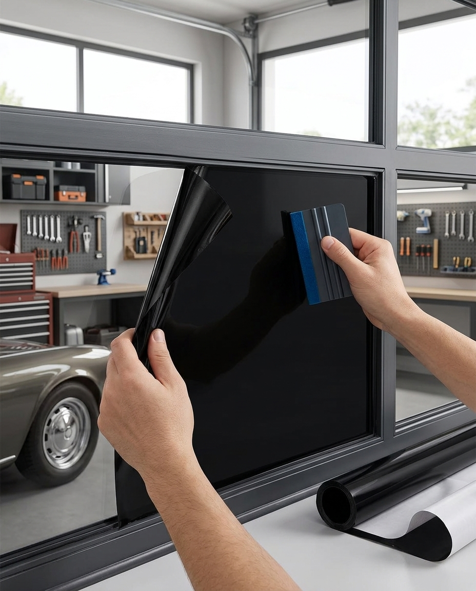 Hands applying Tinta to a garage window with a squeegee