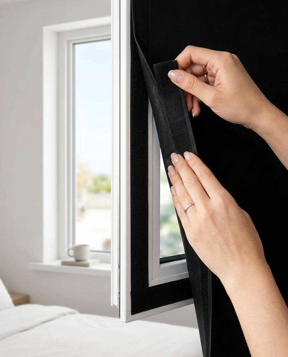 Hands fitting Notte to the window frame, perfect fit