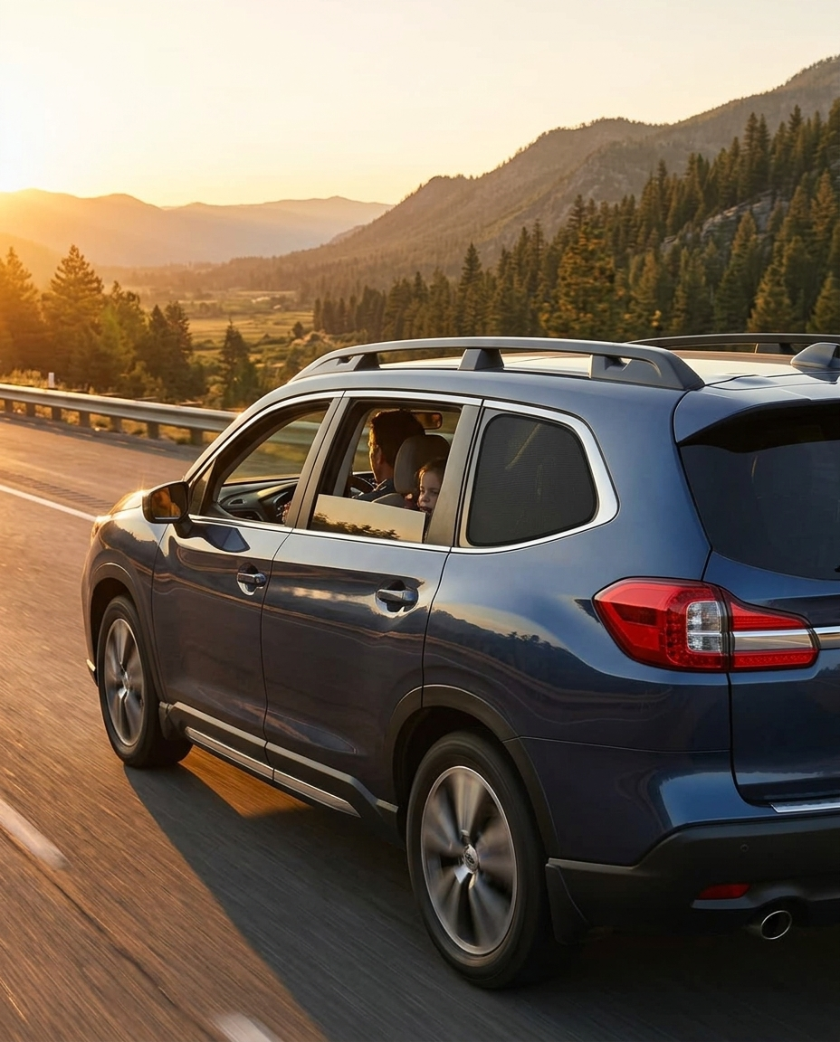 Family SUV on the highway with Ombra shades inside rear windows