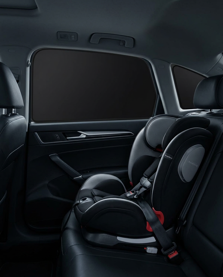 Rear seat with child car seat beside the fully covered opaque window