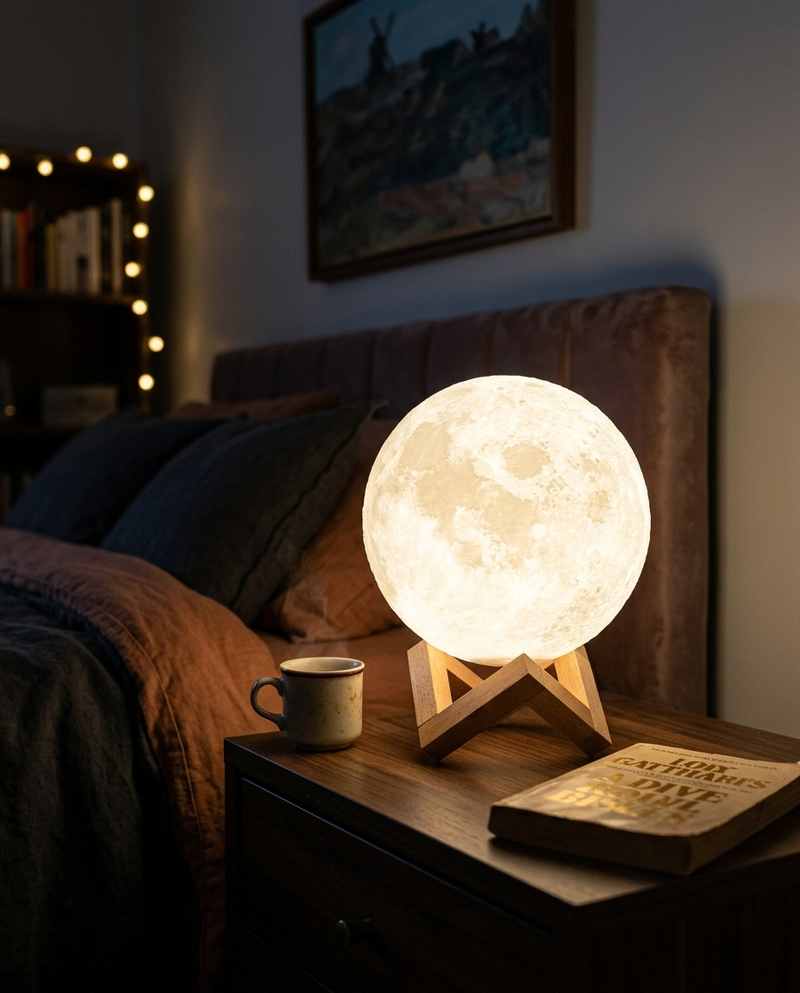 The Luna moon night light glowing warm white on a nightstand