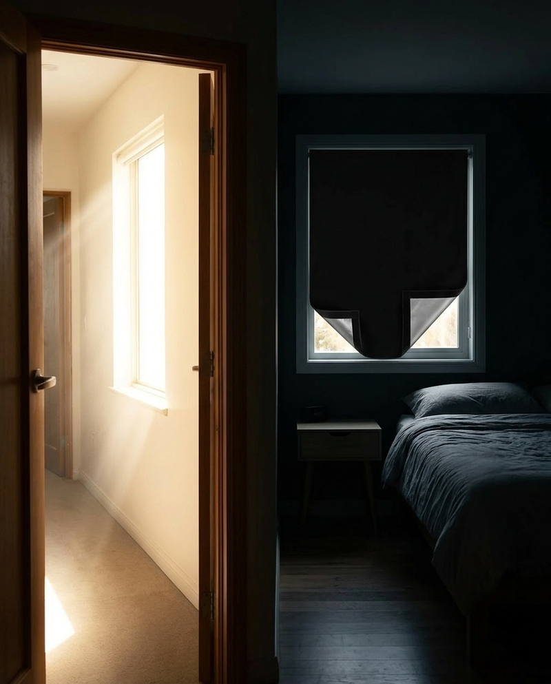 A bright hallway beside a bedroom kept fully dark by a Notte portable blackout curtain sealed over the window