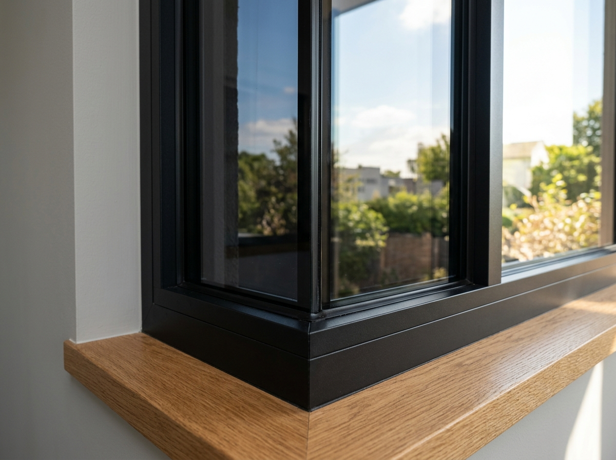 Close-up of a black-framed double-pane window corner above a wooden sill in bright sunlight.