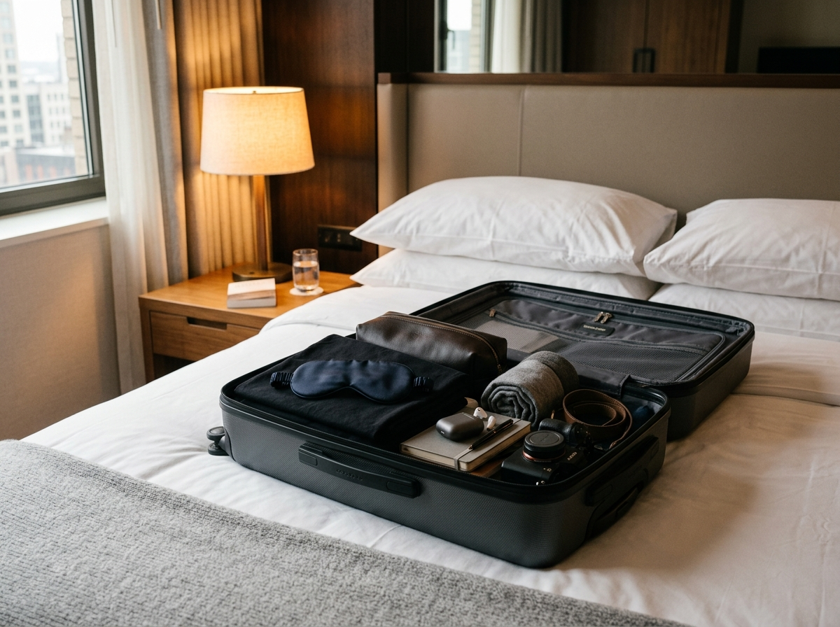 An open suitcase on a hotel bed packed with a folded black fabric panel, a sleep mask, and travel items in warm lamp light.