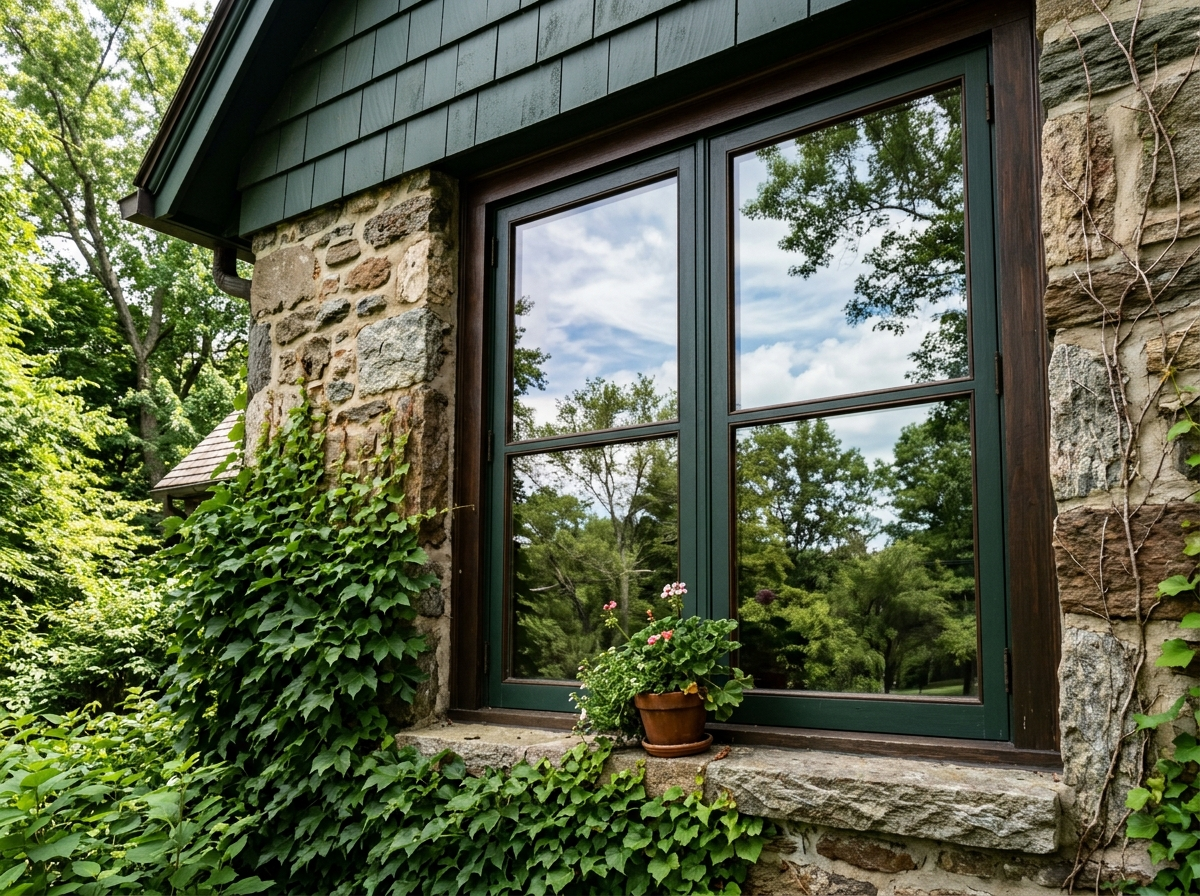 Exterior of a stone house window with reflective glass mirroring the sky and surrounding trees in daylight.