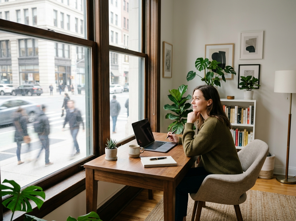 A bright home office desk beside a large street-facing window with blurred pedestrians passing outside.