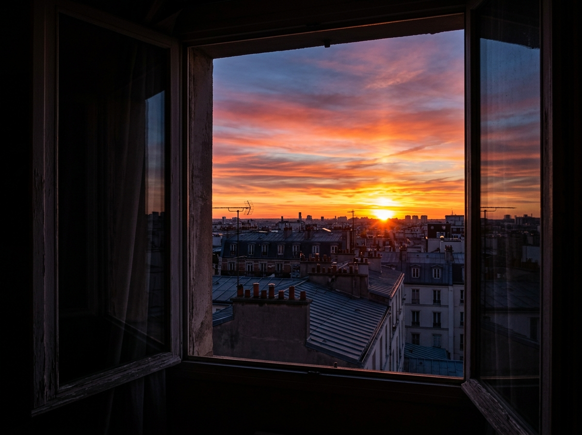 Sunrise blazing over city rooftops seen through an open window from a darkened bedroom.