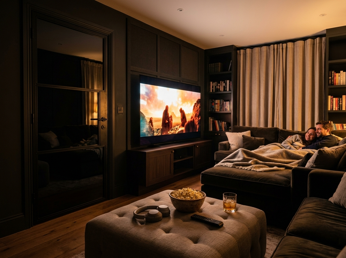 A dark home cinema room with a glowing TV, a blacked-out glass door, and a bowl of popcorn on an ottoman.
