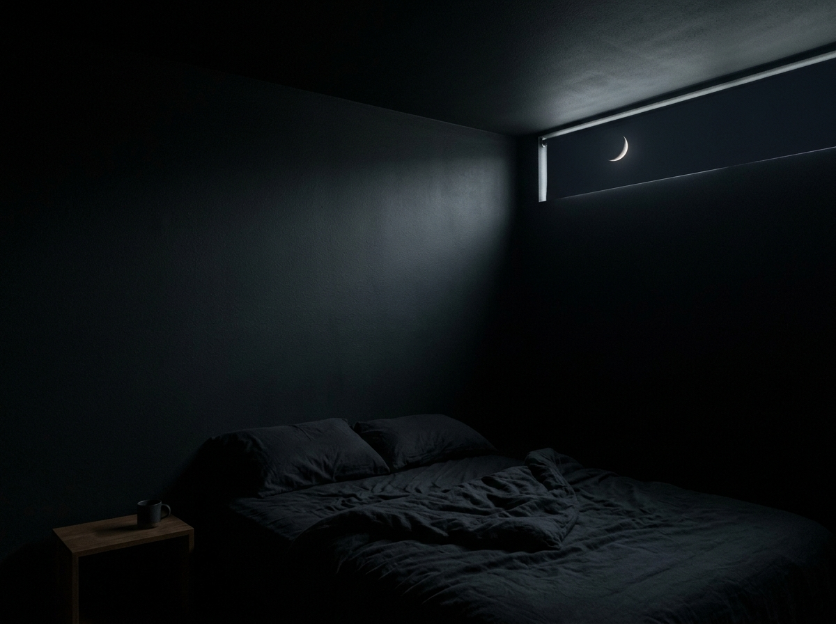 A dark minimal bedroom at night with a crescent moon visible through a narrow gap of window above the bed.