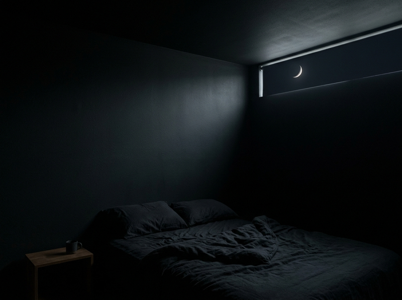 A dark minimal bedroom at night with a crescent moon visible through a narrow gap of window above the bed.