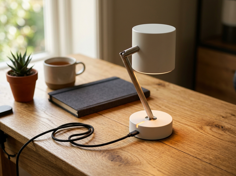 A small white desk lamp charging through a USB-C cable on a wooden desk beside a notebook and a mug of tea.