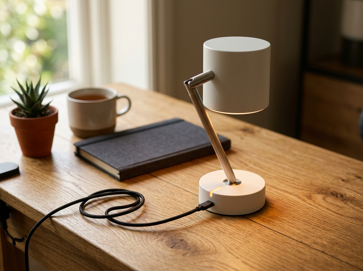 A small white desk lamp charging through a USB-C cable on a wooden desk beside a notebook and a mug of tea.