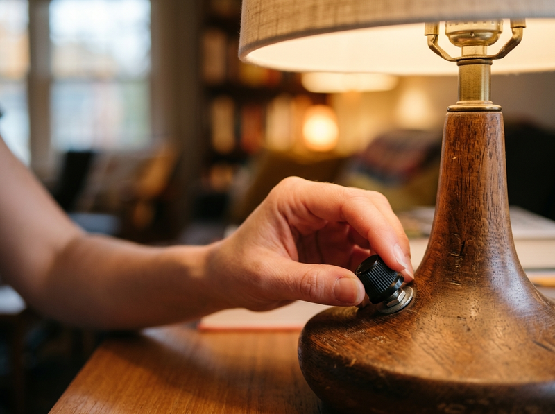 A hand adjusts the rotary dimmer knob at the base of a warm wooden table lamp in a softly lit living room.