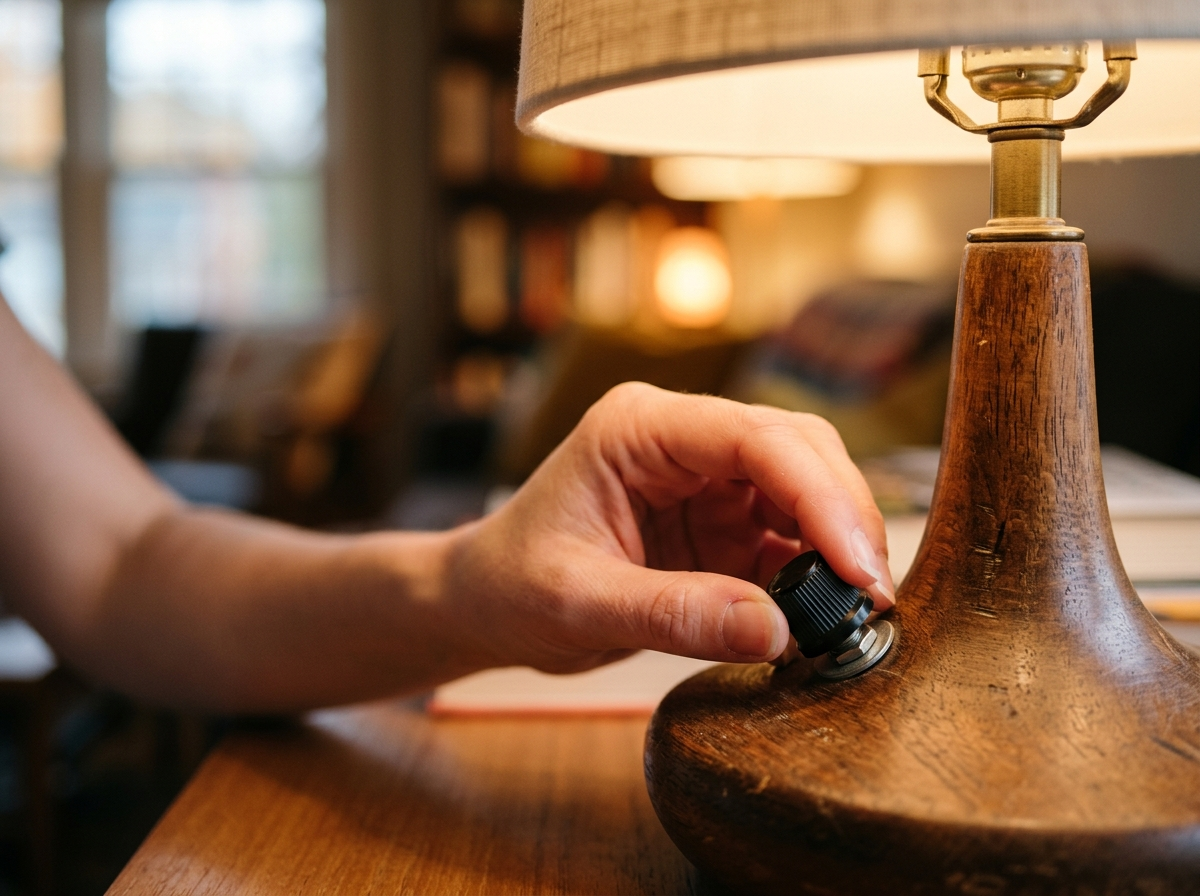 A hand adjusts the rotary dimmer knob at the base of a warm wooden table lamp in a softly lit living room.