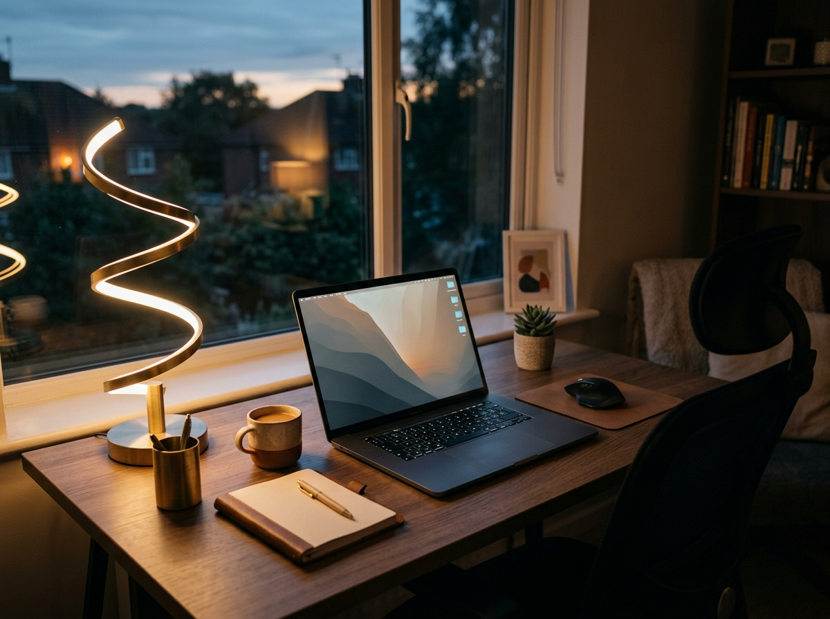 A sculptural spiral desk lamp lighting a laptop, notebook, and coffee mug on a tidy wooden desk with dusk visible through the window.