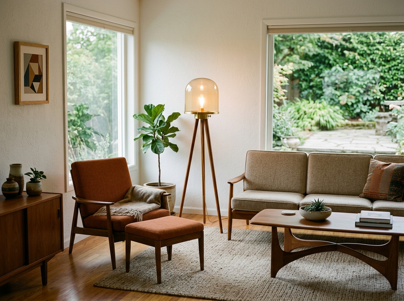 A mid-century modern living room with teak furniture, an orange armchair, and a glass dome tripod floor lamp glowing beside the sofa.