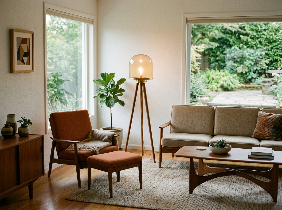 A mid-century modern living room with teak furniture, an orange armchair, and a glass dome tripod floor lamp glowing beside the sofa.