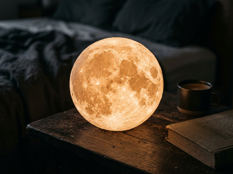 A 3D-textured moon lamp glowing warm white on a dark wooden nightstand beside a mug and an open book.