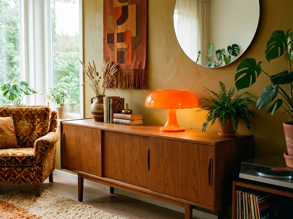 A glowing orange mushroom-shaped lamp on a teak sideboard in a retro 1970s-style living room.